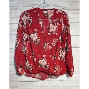 Kut From The Kloth Jenalee Top Red Floral Blouse Roll Tab Sleeve Size SMALL